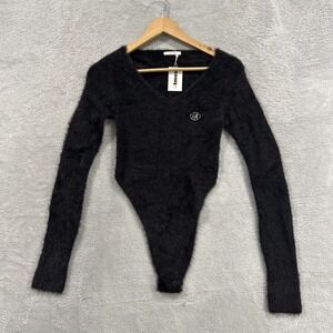 NWT Atmos Fuzzy Knit Bodysuit Women M Black Faux Fur Long Sleeve Grunge Going Ou